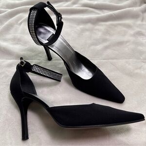 Stuart Weitzman Black Rhinestone Adj Ankle Strap High Heel Stiletto Size 10.5 B
